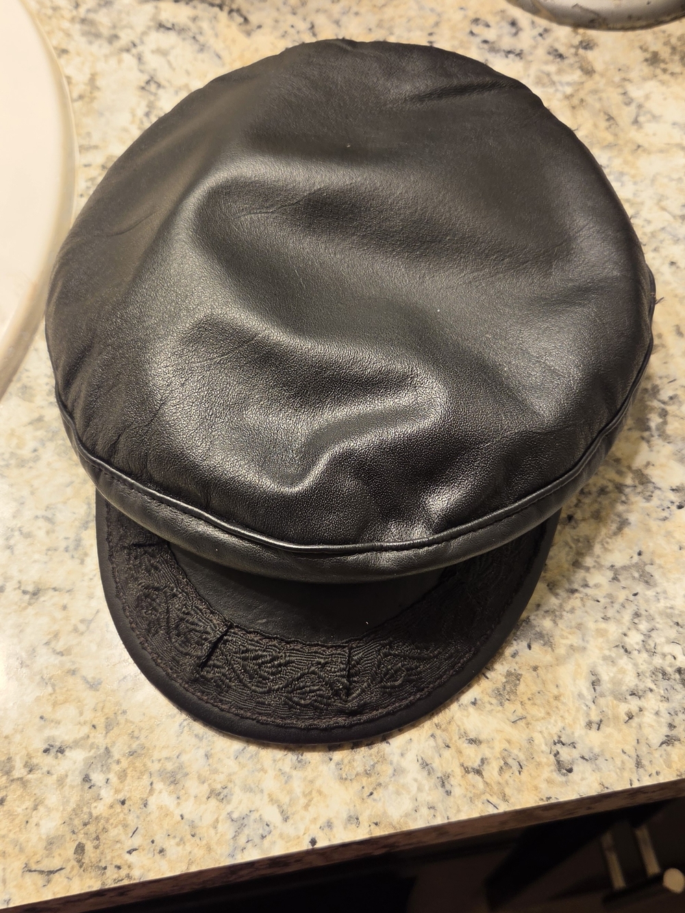 Black Faux Leather Baker Boy Cap